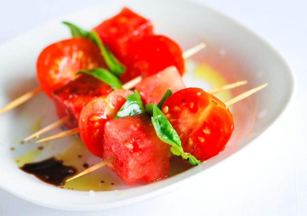 Tomato, Watermelon And Basil Salad Skewers