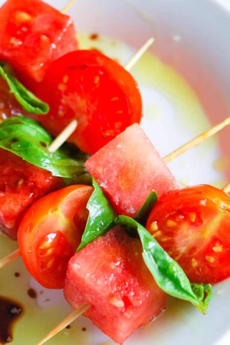 Tomato, Watermelon And Basil Salad Skewers