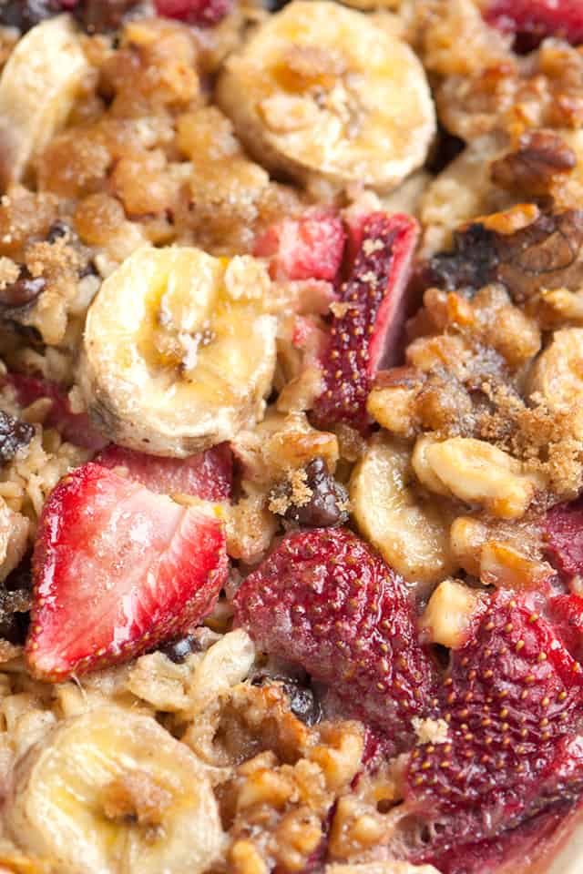 Oatmeal that's been baked with brown sugar, milk, fruit and nuts
