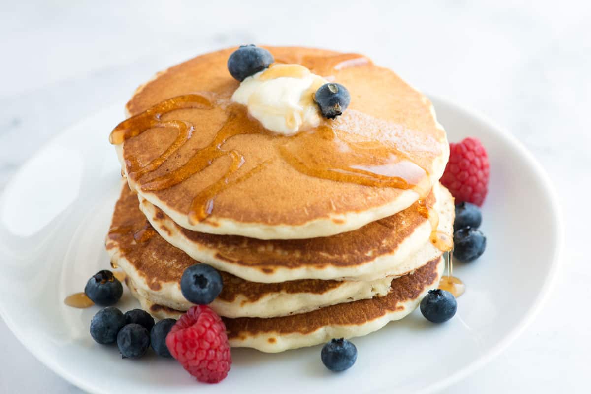A stack of homemade fluffy pancakes