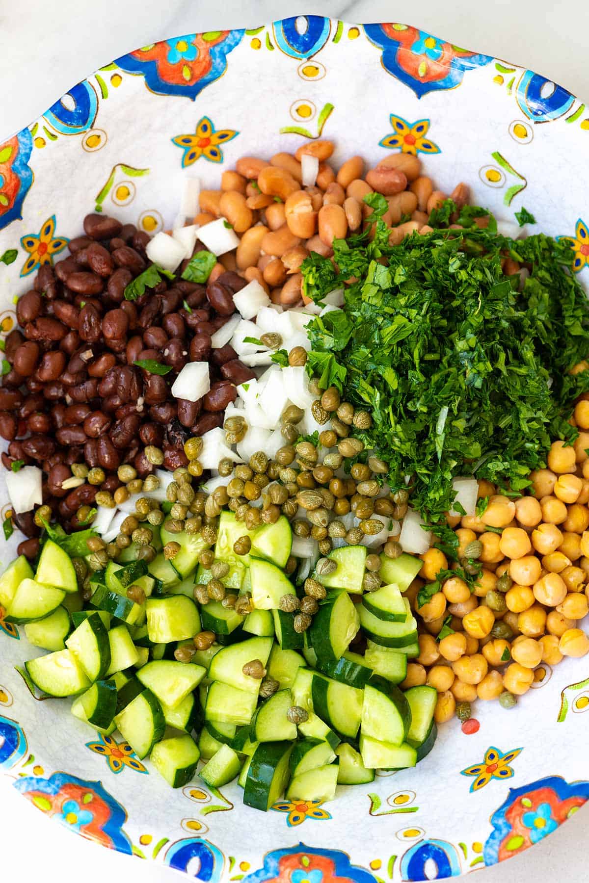 Ingredients for bean salad (beans, onion, cucumbers and parsley)