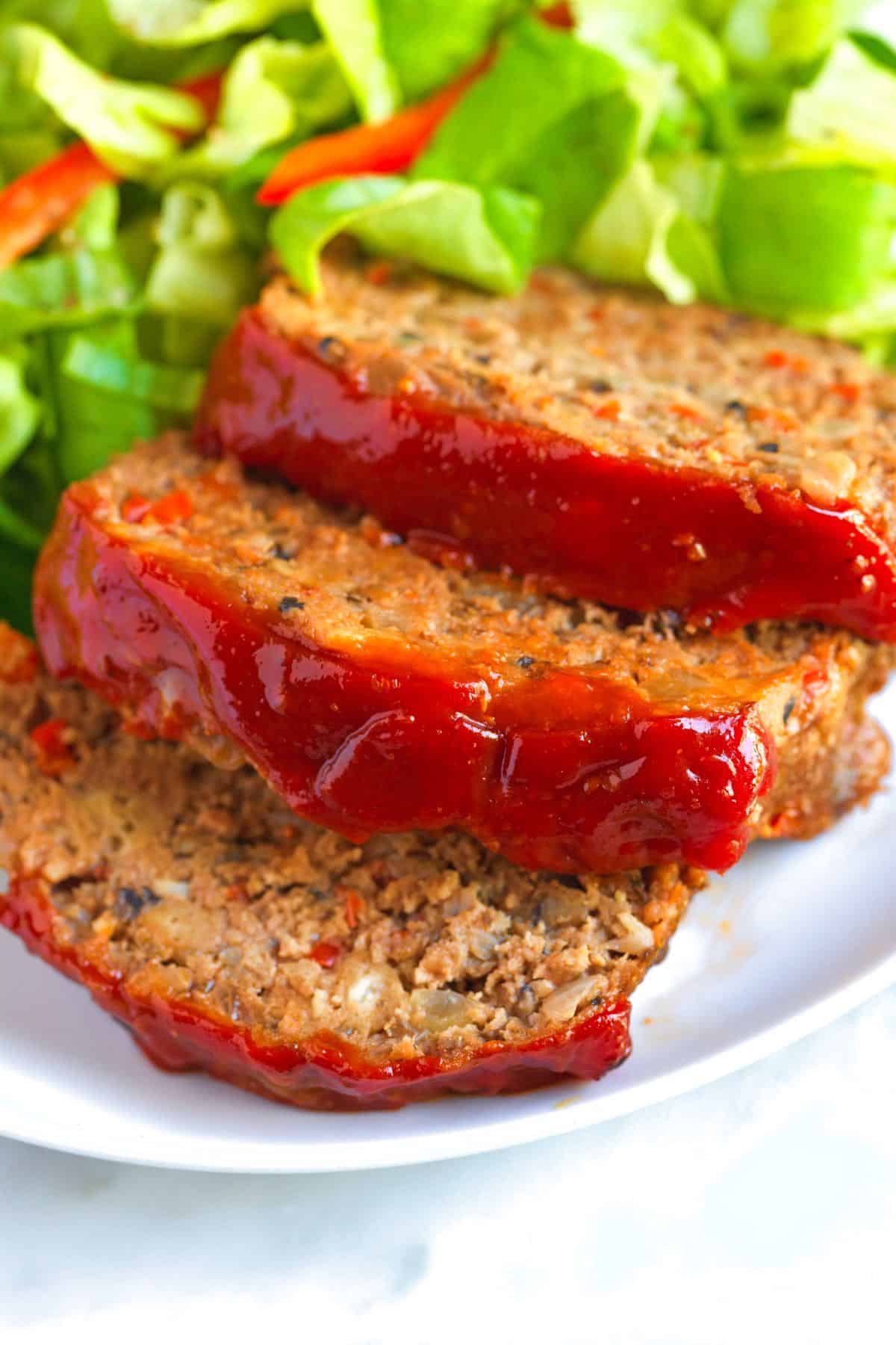 Slices of our Easy Meatloaf with a Classic Meatloaf Glaze