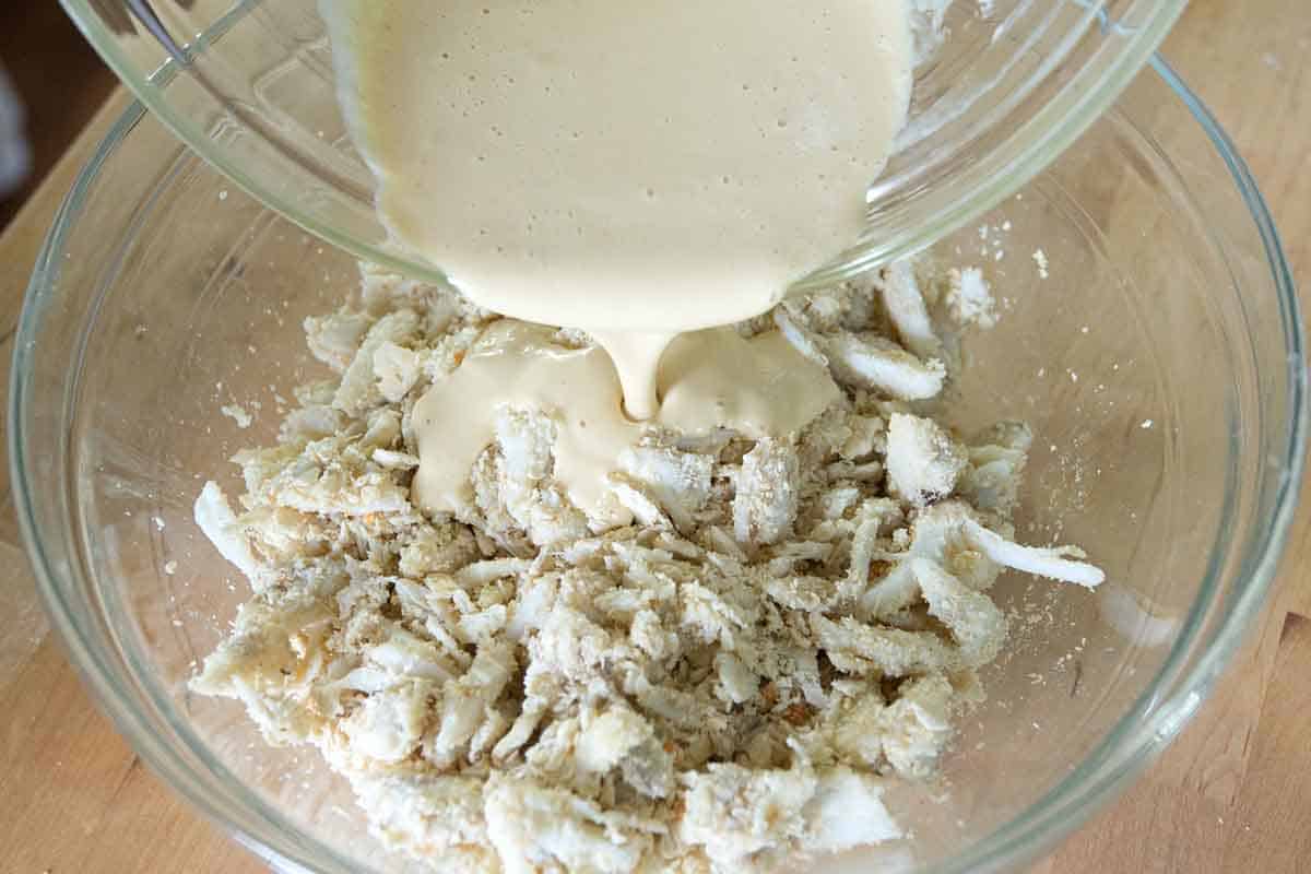 Making crab cake mixture with fresh crabmeat