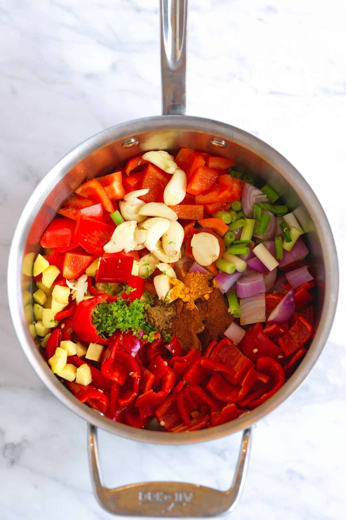 How to Make Red Curry Paste: Ingredients in a saucepan