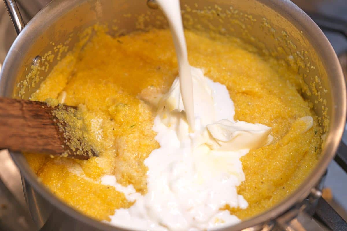 How to Make Polenta: Stirring in milk and mascarpone to make it creamy